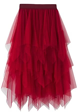 Edhomenn Women's Y2k Tulle Skirt Irregular Pleated Elastic High Waist Layered Tutu Skirt Mesh A-line Midi Skirt Streetwear