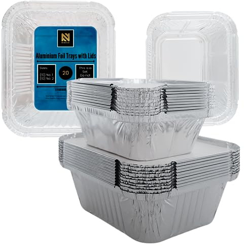 Bandejas de papel de aluminio con tapas, paquete de 20, juego de 2 tamaños de 250 ml (n.º 1) y 450 ml (n.º 2). Preparación de comidas de papel de aluminio, reutilizable, para hornear, congelar