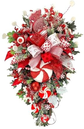 LAUGHERER 1 Piece Christmas Cane Wreath As Shown Plastic+Metal 12x24 Inch for Front Door Christmas Stairway Decorations Christmas Wreath for Indoor Decor
