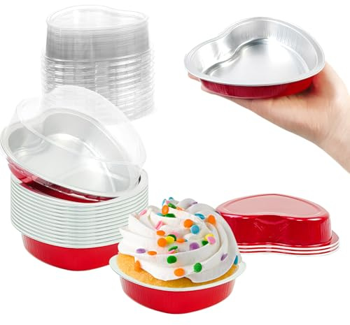 18pcs Large Aluminum Foil Heart Shaped Cake Pans with Clear Lids, 225 ml/ 7.92 oz Disposable Heart Cake Pan, Cupcake Baking Cups Liners Tins Ramekins Containers for Valentine's Day Food Wedding Party