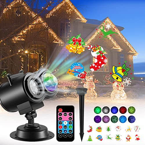 Christmas Holloween Projection Lamp, Projector LED Lights with Remote Control, Wave Effect, Outdoor Decorative Lamps, Waterproof Projector Lamp, 12 Films & 10 Colours for Party, Garden