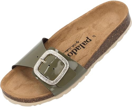 Palado Pantoletten Damen Malta BX by Sila Sahin – gefertigt in Spanien – edle Veloursleder-Decksohle – Glitzerschnalle im Boxy-Design – Lack- oder Metallic-Optik – EVA-Sohle Khaki Lack UK7 - EU40