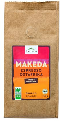 Herbaria MAKEDA | BIO Espresso gemahlene Kaffeebohnen | Naturland Fair zertifiziert aus Ostafrika | vollmundige Röstaromen mit Kakao- & Eichenholznoten | für die Siebträger und Espressokocher | 250g
