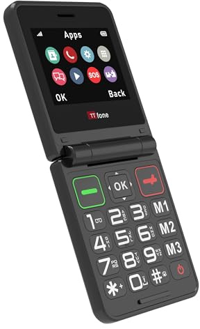 TTfone TT660 Flip mobiltelefon för seniorer – vikbar design, stora knappar, nödhjälp, lång batteritid – betala när du går (O2 PAYG, svart, med USB-kabel)