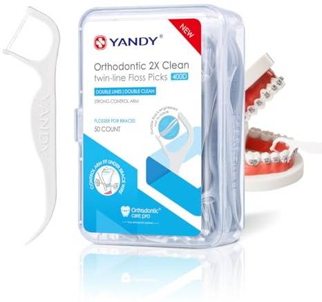 YANDY Braces Floss Picks, Orthodontic Twin-Line Dental Floss Sticks 50 Pcs | Designed for Braces Users with Double-Strand Floss, Helps Clean Under Wires and Between Brackets with Portable Storage