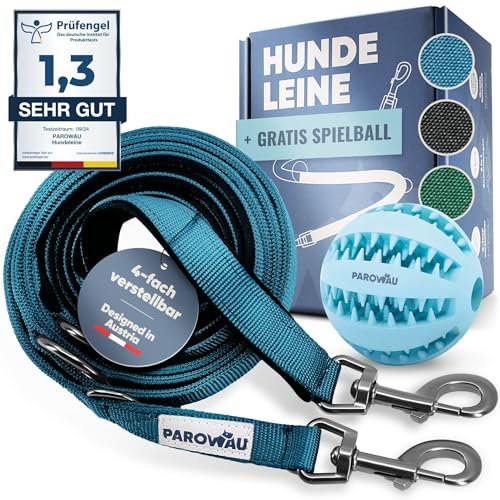 PAROWAU Hundeleine 3m [4-Fach verstellbar] + Hundespielzeug Ball [Zahnpflege Hund] Leine Hund Hundezubehör Hundeleine für große Hunde Hundespielzeug Intelligenz Hundespielzeug unzerstörbar (blau)