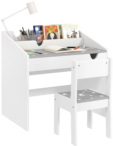 Qaba Kids Desk and Chair Set, Kids Study Desk with Storage, Student Writing Desk for Bedroom & Study Room with Drawer, for Children Girls Boys Aged 3-6 Years, Star and Moon Pattern, Gray