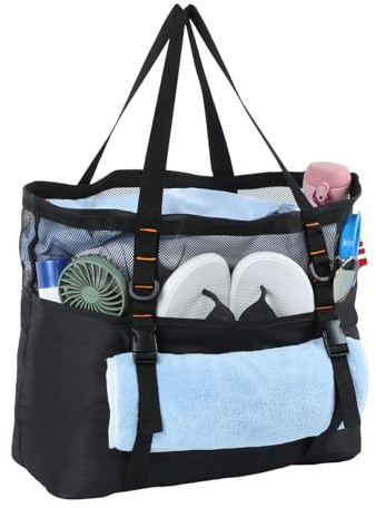 Cozary Bolsa Playa Grande 40L, Bolsa de Playa Impermeable con Malla Transpirable y Cremallera en la Base para la Arena - Plegable, 6+1 Bolsillos, para Piscina, Viaje, Deporte