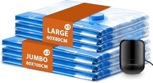 Bolsas de Vacío para Ropa con Bomba Eléctrica, Bolsas de Almacenamiento 3*Jumbo 100x80cm + 3 Grandes 80x60cm, Bolsas de Vacío para Viajes, Edredones, Mantas, Almohadas, Ropa de Cama