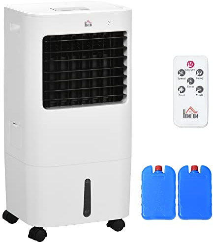 HOMCOM Climatiseur mobile refroidisseur d'air portable ventilateur 65 W par évaporation 3 en 1 avec réservoir d'eau de 15 L, oscillation, télécommande, 3 modes, minuterie 8H, refroidit 20 m², blanc