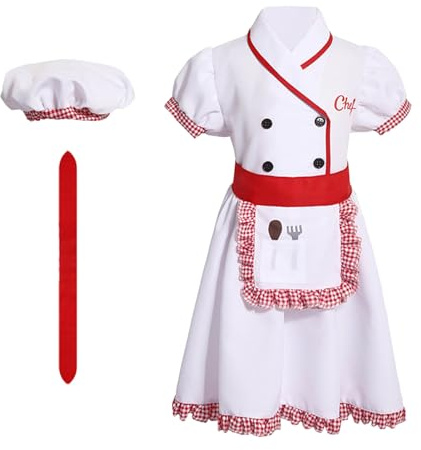 Costume Chef Enfant Halloween Ensemble pour Événements Scolaires Role Play et Activités de Pâtisserie Inclut Robe Chapeau Tablier et Foulard Rouge pour Fêtes et Festivals Version Fille 3 à 14 Ans
