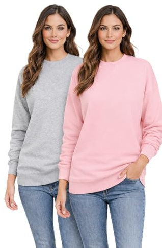 Blu Apparel Ladies Premium Sweatshirts for Women Crew Neck Casual Soft Long Sleeve Jumper Sweater Oversized Sweatshirt for Gym (UK, Numeric, 14, Regular, Regular, Grey Marl & Pink 2 Pack)