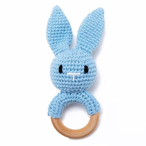 Jessruly Handcrafted Animal Rattle – Soft Crocheted Toys with Wooden Teether, BPA-Free Animal Rattles in Cotton & Safe Natural Materials (Blue Bunny)