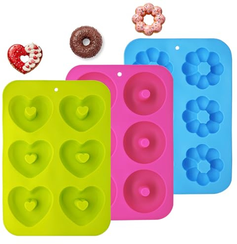 3 Pezzi Stampo Per Ciambelle, Facile da Sformare Pulire, 6 Cavità Stampo in Silicone per Ciambelle, Bagel, Muffin, Biscotti, Torte, Dolci, Cioccolato(Rotonde, Fiore e Cuore)