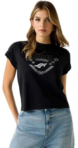 Guess Maglietta in jersey di cotone con dettagli in pietra, vestibilità normale, scollo rotondo, W6RI30I3Z14, maglietta da donna W6RI30 I3Z14 JBLK, Nero , L