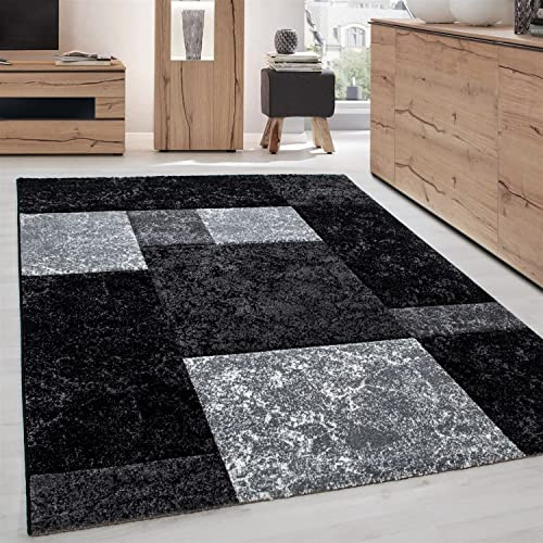 Carpettex Teppich Wohnzimmer Kurzflor 80 x 150 cm Läufer Flur Teppich Modern Kariert Design Schwarz - Teppich Bettvorleger Schlafzimmer Weich Flauschig Waschbar Küchenläufer - Esszimmer Teppiche