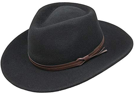 Hardy - Leichter Fedora Hut mit breiter Krempe und Lederband - 100% Wollfilz - Für die Reise knautschbar - Wasserabweisend - 58cm Schwarz
