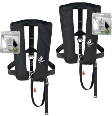 12skipper 2er-Set Automatik Rettungsweste ISO 300N mit Harness, Schwimmweste schwarz + 2 Wartungskits