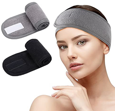 Spa Facial Headband - 2 PCS Make Up Wrap Head shower Sport Terry Cloth Headband Adjustable Stretch Towel With Magic Tape (Black+Gray)