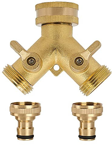 Skystuff 2 Way Brass Garden Tap Splitter, Double Way 3/4 Hose Connector, Tap Water Hose Tap Quick Individual On/Off Splitter Connector with 2 Quick Connector for Hose Pipe Irrigation Tool Fitting