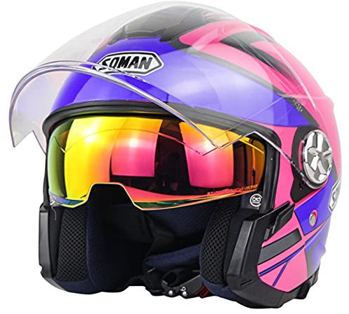 Jethelm Motorradhelm, ECE-Zugelassener 3/4 Motorrad Halbhelm Jet Motorradhelm Mit Visier Halb Motorradhelm Für Herren Und Damen, Mit Bluetooth Space Pink,L