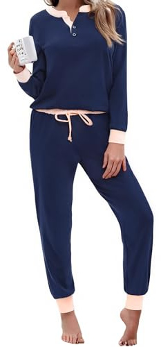 Aseniza Pyjama Femme Hiver Coton Ensembles de Pyjama Femmes Chauds Manches Longues Vêtements de Nuit Couleurs Contrastées Ensemble Pyjamas Tenue de Nuit Vêtements de Détente Loungewear Bleu Foncé L