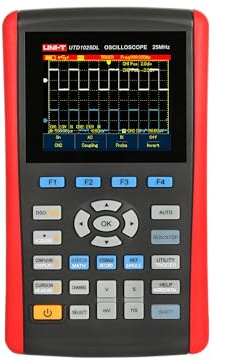 UNI-T UTD1025DL Tragbar Digitales Speicheroszilloskop mit 25 MHz 2 kanäle, 250 Msa/s Sample-Rate, 2 in 1 Oszilloskop & Multimeter, Messung für Spannung, Strom, Ohm, 3 Anzeigezähler, 3,5 Zoll TFT LCD