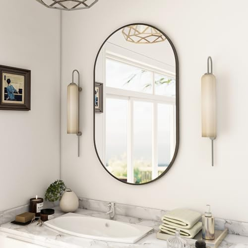 BEAUTYPEAK Wall Mounted Mirror, 17x30 Oval Bathroom Mirror with Metal Frame, Vertical & Horizontal Hang, Ideal for Bedroom, Entryway, Living Room, Black