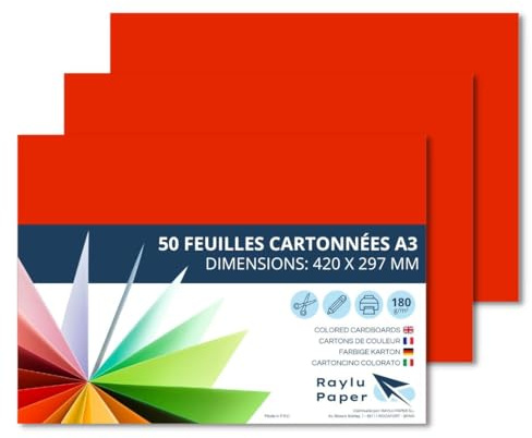 Raylu Paper – Papier Cartonné A3 Coloré, 50 Feuilles Cartonnées, Papier Epais de Couleur, pour l’Ecole, le Bureau, le Scrapbooking, les Activités Manuelles, 297 x 420 mm 180g/m² (Rouge)