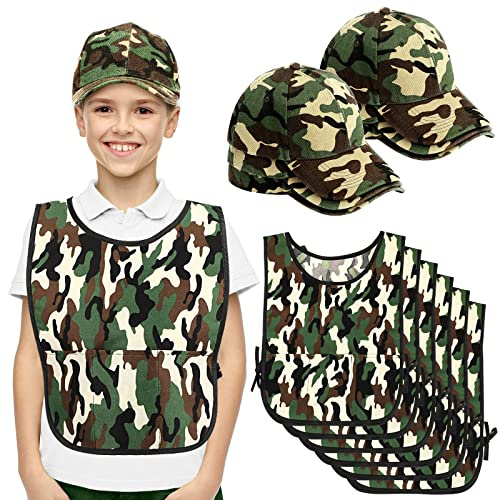Unittype 12 Pcs Army Soldier Costume Include 6 Camouflage Military Caps and 6 Camouflage Vests for Kids Birthday Party Cosplay Party Costumes Dress Role Play Set for Kids Aged 6-12