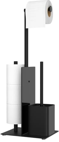 Toilet Roll Holder with Toilet Brush - Stainless Steel Toilet Roll Holder Free Standing with Glass Baffle, Susswiff Toilet Paper Holder and Toilet Brush, Matte Black Toilet Brush with Roll Holder