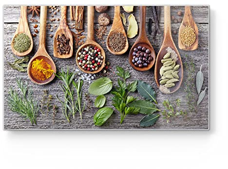 DEQORI Planche à Petit-Déjeuner en Verre - 23 x 14 cm - Motif « Cuillères Décorées » - Planche à Découper Design pour la Cuisine - Antibactérienne