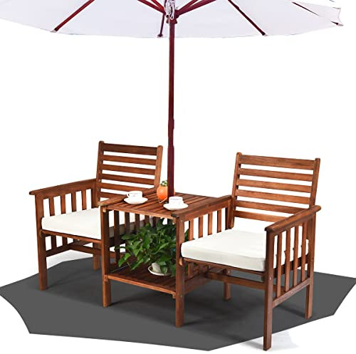 KOMFOTTEU Gartenbank Akazienholz mit Schirmloch & Tsich, Sitzbank Parkbank ‎165 x 65 x 88 cm, Holzbank Sitzgarnitur & Bierzeltgarnitur für Garten, Balkon & Terrasse (Weiß)