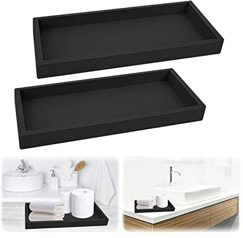 2 Stück Badezimmer Tablett,Dekotablett Deko Tablett,Schminktisch Tablett Organizer Ablageschale,Rechteckig Tablett für Arbeitsplatte, Waschtisch,Küchenspüle und Toilettenschüssel (Schwarz)
