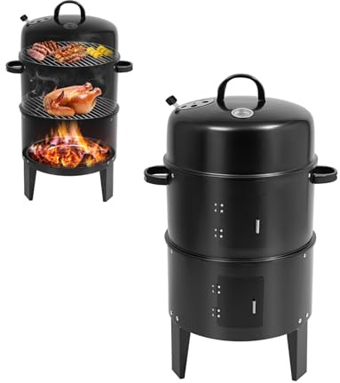 Fumoir 3 en 1, barbecue au charbon de bois double couche, barbecue à charbon multifonction, barbecue à viande (pour fumé, braisé, grillé), évacuation d'air et thermomètre réglables, 40 x 84 cm