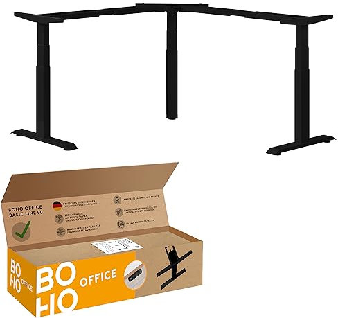 boho office® Höhenverstellbarer Schreibtisch Gestell - Elektrisch stufenlos, Eckschreibtisch mit 3 Motoren 50 mm/Sek, 3-Fach Teleskop, stabil, Memoryfunktion, Kollisionsschutz - Basic Line 90 Schwarz