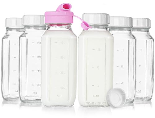 Sovietiep 16 Oz Square Glass Milk Bottles with A Silicone Cap, 6 Pack Glass Bottles for Juicing with Airtight Lids, Drinking Bottles with Lids and Scale Mark, Breast Milk Storage Jug Easy to Carry