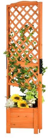 HOMASIS Jardinera con enrejado, 180 cm, bancal alto de madera, con enrejado y orificio de drenaje, para plantas trepadoras, jardineras para balcón, jardín, terraza, color naranja