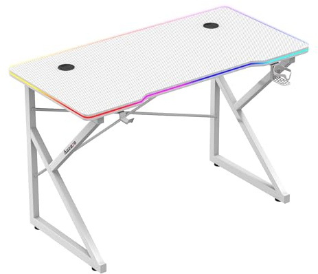 huzaro Hero 1.7 RGB vit | spelskrivbord med LED-belysning datorbord | 120 x 60 cm | Hörlurskrok mugghållare | kolfiberyta | kabelgenomföring | metallkonstruktion | vit