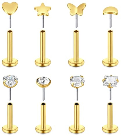 AVYRING Orecchini per trago con retro piatto, 16 G, 6 mm, 8 mm, argento e oro, in acciaio inox, senza filettatura, set con stella, farfalla, luna, cuore, zirconia cubica per cartilagine, labret,