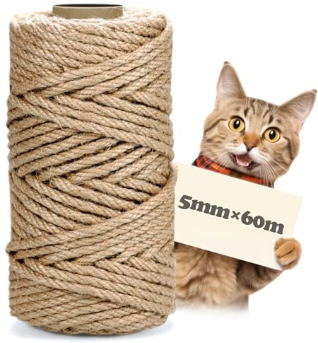 MDDK DY Cuerda Rascador para Gatos 5mm x 60m – Cuerda de Sisal Natural para Árbol Gato y Poste Rascador, Postes rascadores