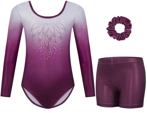 Gogokids Maillots de Gymnastique Trois Pièces pour Filles, Ensemble de Gymnastique à Manches Longues avec Short et Bandeau, Justaucorps de Danse Brillant avec Design de Couleur Dégradée pour 11-12 Ans