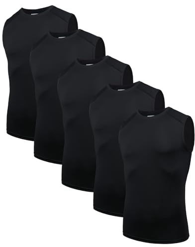 AMZSPORT Lot de 5 Débardeurs Homme Respirant, Maillot de Compression, T-Shirt Fonctionnel, T-Shirt de Course, Débardeur sans Manches pour Sport, Gym, Fitness et Running Noir S