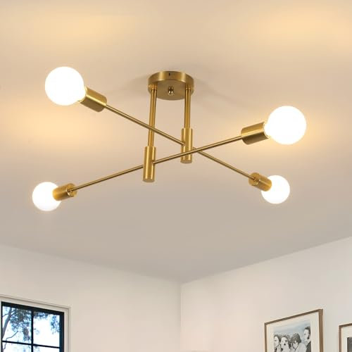 Goeco Lamparas de Techo Vintage, 4 Luces E27 Lámpara Colgante Techo Retro, Dorado Lámpara de Araña Industrial para Dormitorio Sala de Estar Cocina Salón Comedor