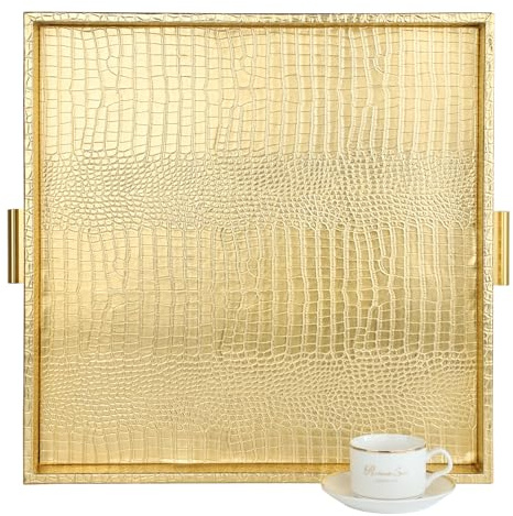 HofferRuffer Elegant Decorative Serving Tray, 20x20 Square Faux Leather Ottoman Tray with Gold Hardware Handles, Coffee Table Serve Tea, Coffee or Breakfast (Gold, Square-20 inch)