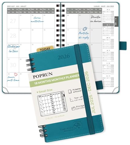 POPRUN Agenda Mensuel 2025 2026 De poche 16 x 10,5 cm - De Juil 2025 à Déc 2026 18 Mois, A6 Petit Planner Scolaire, Couverture Souple Spirale, Règle Signet, Papier 100g/m², Pacifique Vert
