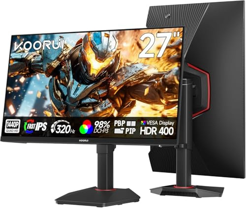 KOORUI G2721E 27 tum gamer-PC-skärm, 320Hz, snabb IPS, QHD 1440P, spelskärm, 1 ms, HDR 400, Adaptive Sync, kompatibel med VESA 75 x 75 mm, HDMI 2.0/DP1.4, ergonomisk justering