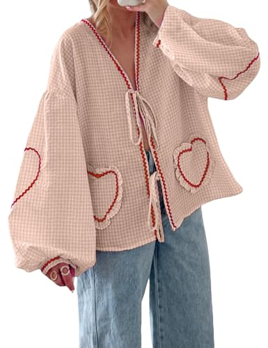 Women's Bow Tie Front Shirt Plaid Heart Babydoll Tee Y2k Cute Puff Long Sleeve Tops Peplum Coquette Blouses (Khaki, XL)