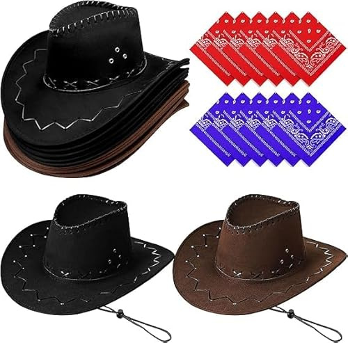 12 Chapeaux de Cowboy avec Bandanas – Pack de Chapeaux de Cowboy et Bandanas pour Fête d'Halloween, Déguisement de Cowboy pour Anniversaire (Marron, Noir)
