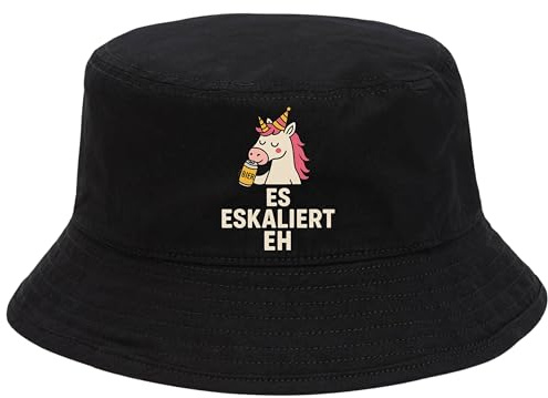 dalerno Es eskaliert eh Hut Schwarz Lustiger Festivalhut mit Einhorn Bier Spruch | Partyhut Malle Cap Fischerhut Spaßhut für Herren Damen | Junggesellenabschied Karneval Accessoire Sommer